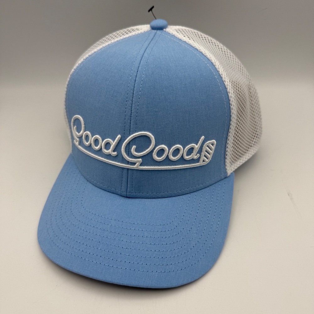 Good Good Golf Birdie Blue Trucker Hat Mesh Back Snapback Cap Light Blue White